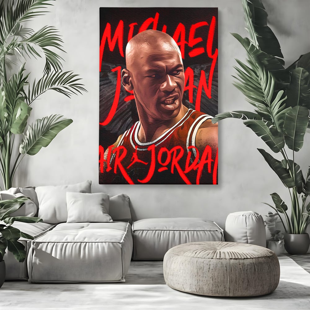 Tablou canvas cu portret grafic cu michael jordan, fara rama, pe sasiu de lemn, pe perete intr-un living